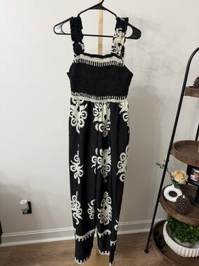 SHEIN Black and Cream Smocked Maxi Jumpsuit
